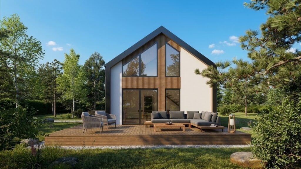 A 70 sq m modular home in the modern barn house style with large glazing and a terrace